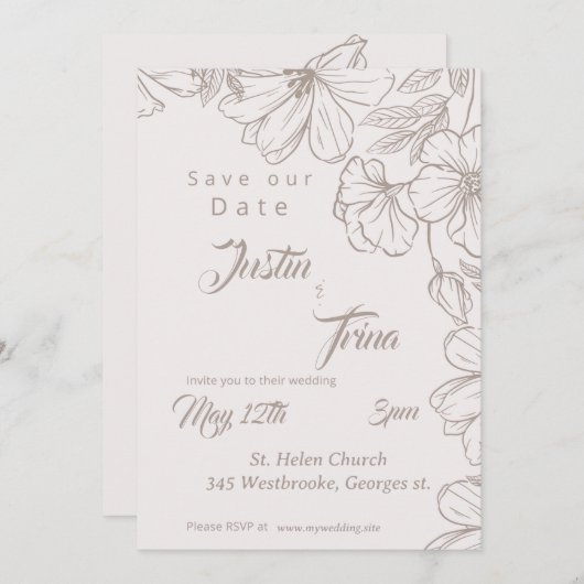 Wildblume Einfache Kalligraphie Save the Date Einladung (Vorne/Hinten)