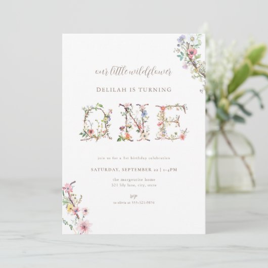 Wildblume Einladung zum ersten Geburtstag (Stehend Vorderseite)