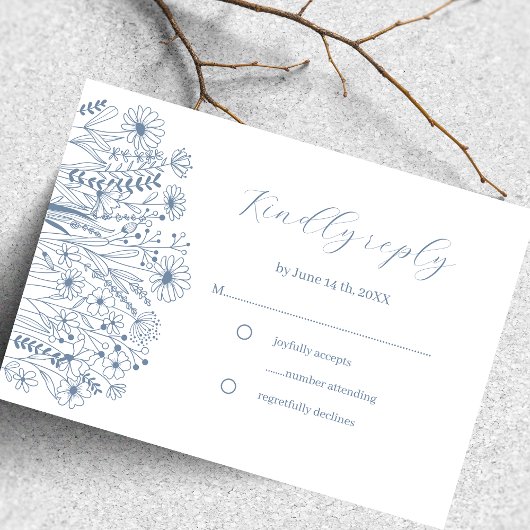 Wildblume Elegant Boho Dusty Blue Wedding RSVP Karte