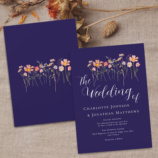 Wildblume Elegante Script Navy Blue Terracotta Einladung