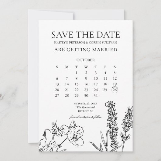 Wildblume Eleganter Kalender Save the Date Einladung (Vorderseite)