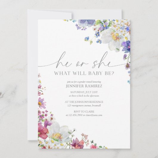 Wildblume - er oder sie - Elegante Geschlechterdar Einladung (Vorderseite)