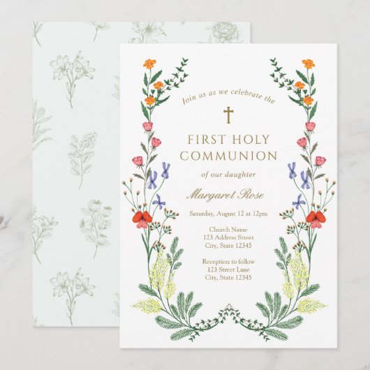 Wildblume Erste Heilige Kommune Einladung (Vorne/Hinten)