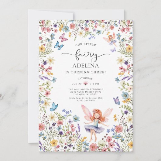 Wildblume Fairy Butterfly 3. Geburtstag Einladung (Vorderseite)