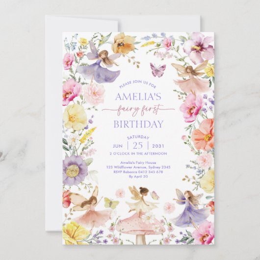 Wildblume Fairy Erster Geburtstag Party Einladung (Vorderseite)