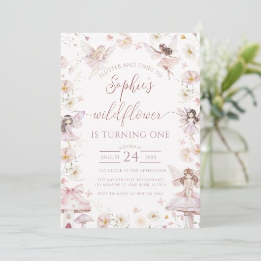 Wildblume Fairy Erster Geburtstag Party Einladung (Stehend Vorderseite)