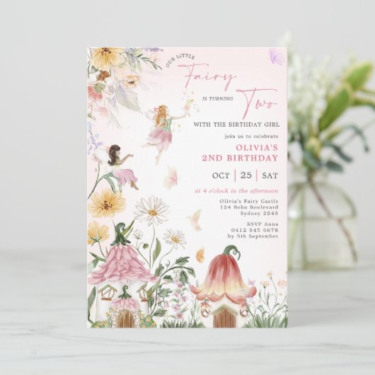 Wildblume Fairy Princess 2. Geburtstag Einladung (Stehend Vorderseite)