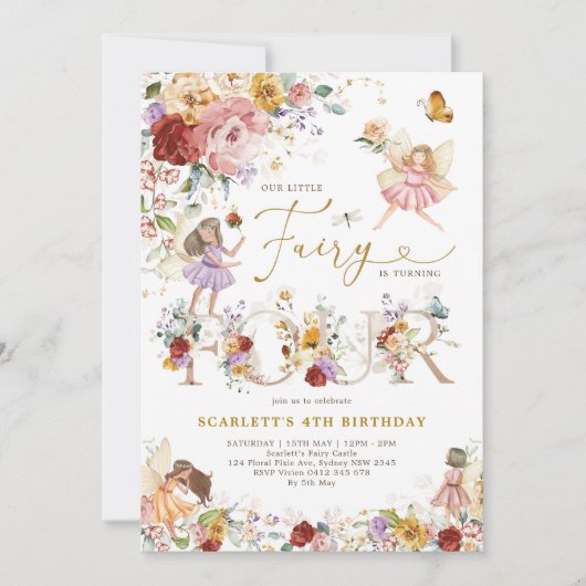 Wildblume Fairy Princess 4. Geburtstag Einladung (Vorderseite)