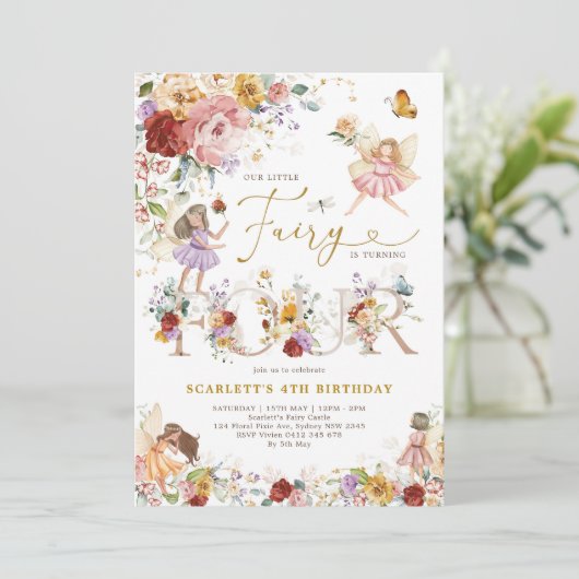 Wildblume Fairy Princess 4. Geburtstag Einladung (Stehend Vorderseite)