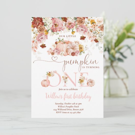 Wildblume Fall Flora Rustikaler Pumpkin 1. Geburts Einladung (Stehend Vorderseite)