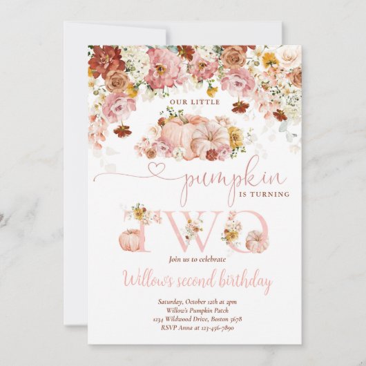 Wildblume Fall Flora Rustikaler Pumpkin 2. Geburts Einladung (Vorderseite)