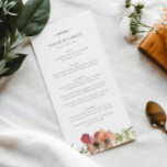 Wildblume Fall Floral Wasserfarbe Hochzeit Menükarte<br><div class="desc">Erleben Sie Ihr Hochzeitsessen mit unserem exquisiten Fall Floral Watercolor Wildblume Wedding Menu. Dieses Menü, das die natürliche Schönheit des Herbstes widerspiegelt, bietet eine atemberaubende Auswahl an handbemalten Wildblumen in warmen, bordeauxfarbenen, goldenen und tiefgrünen Farbtönen. Jedes der blumengeschmückten Details ist sorgfältig gestaltet und schafft eine harmonische Mischung aus Eleganz und...</div>