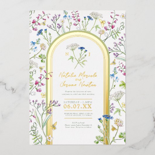 Wildblume farbenfrohe Aquarellkunst Hochzeit Folieneinladung (Vorderseite)