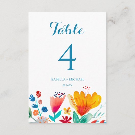 Wildblume farbenfrohe Hochzeitsfeier Tischnummer (Vorderseite)