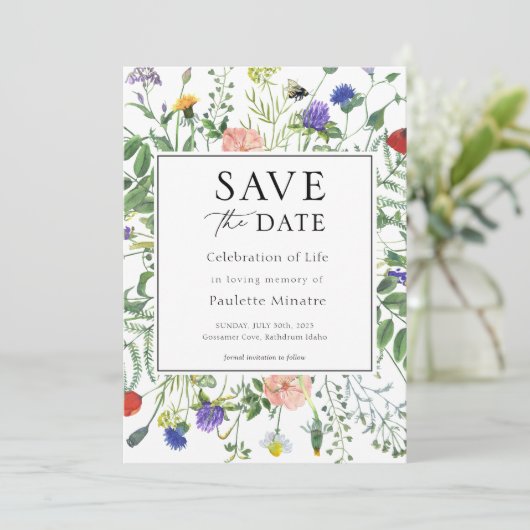 Wildblume Felder Feier des Lebens Rett Datum Einladung (Stehend Vorderseite)