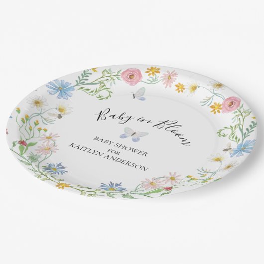 Wildblume Floral Baby in Bloom Butterfly Dusche Pappteller (Schrägansicht)