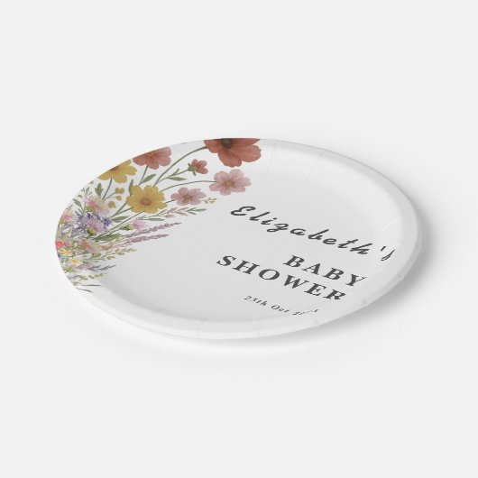 Wildblume Floral Boho Babydusche Pappteller (Schrägansicht)