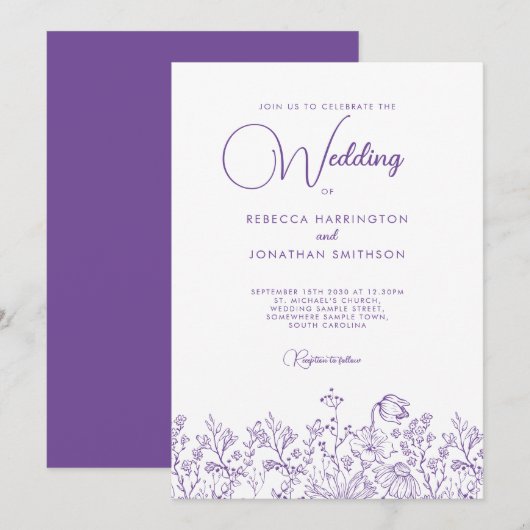 Wildblume Floral Elegant Lilac Wedding Einladung (Vorne/Hinten)