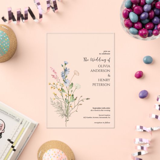 Wildblume Floral Elegante Rustikale Hochzeit Acryleinladungen (Insitu (Feier))
