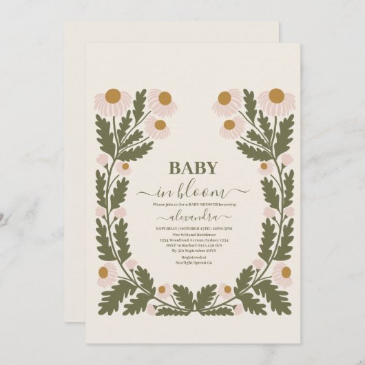 Wildblume Floral Frame Babydusche Einladung (Vorne/Hinten)
