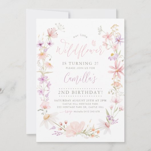 Wildblume Floral Girls 2. Geburtstag Einladung (Vorderseite)