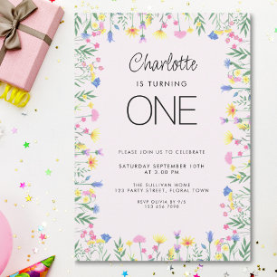 Wildblume Floral Girl's First Birthday Pink Einladung