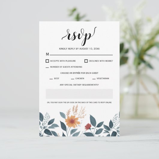 Wildblume Floral Moderner QR-Code RSVP Karte (Stehend Vorderseite)