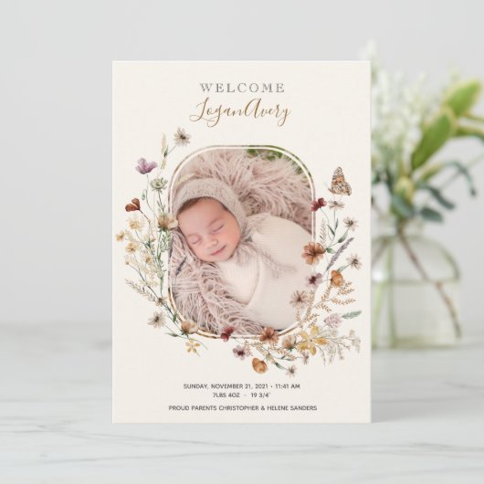 Wildblume Floral New Baby Birth Foto Ankündigung (Stehend Vorderseite)