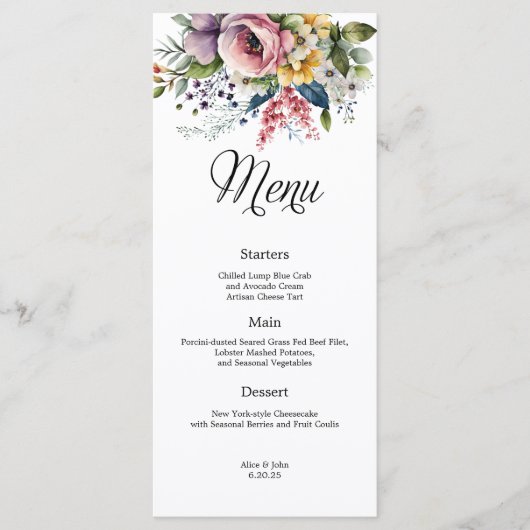 Wildblume Floral Wedding Menu Menükarte (Vorderseite)
