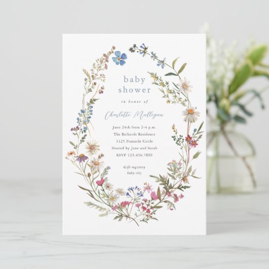 Wildblume Floral Wreath Spring Baby Dusche Einladung (Stehend Vorderseite)