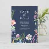 Wildblume Foto QR Code Navy Blue Wedding Save The Date (Stehend Vorderseite)