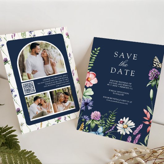 Wildblume Foto QR Code Navy Blue Wedding Save The Date