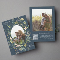 Wildblume Frame 2 Foto Hochzeit QR Code Navy Blue