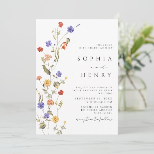 Wildblume Frühjahr Elegante Minimalistische Hochze Einladung (Stehend Vorderseite)