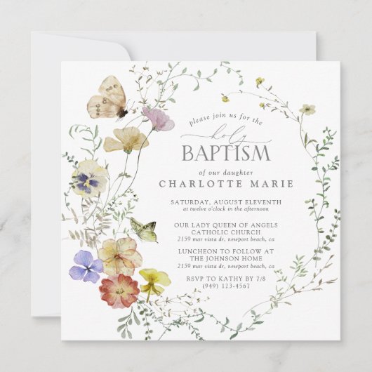 Wildblume Frühling Sommerbläserfarbene Taufe Einladung (Vorderseite)