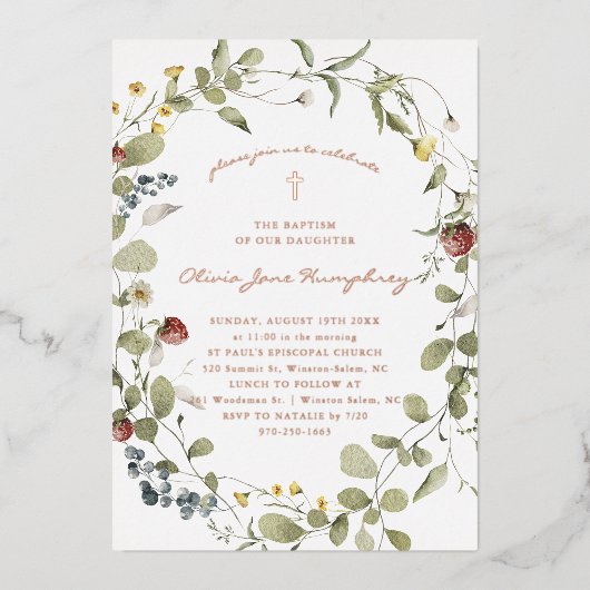 Wildblume Frühling Sommerblumentaufen Folieneinladung (Vorderseite)