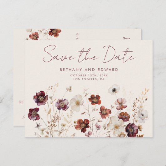 Wildblume für Herbst Hochzeit Datum speichern Postkarte (Vorne/Hinten)