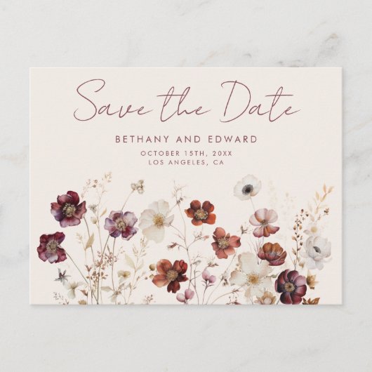 Wildblume für Herbst Hochzeit Datum speichern Postkarte (Vorderseite)