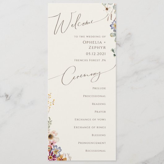 Wildblume Garden | Beige Hochzeit Programm (Vorderseite)