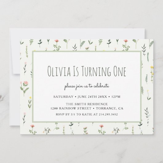 Wildblume Garden Girl 1. Geburtstag Einladung (Vorderseite)