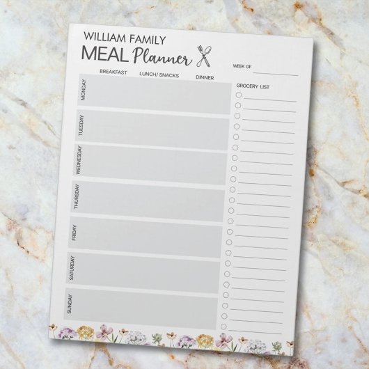 Wildblume Garden Meal Planner Lebensmittelliste Notizblock