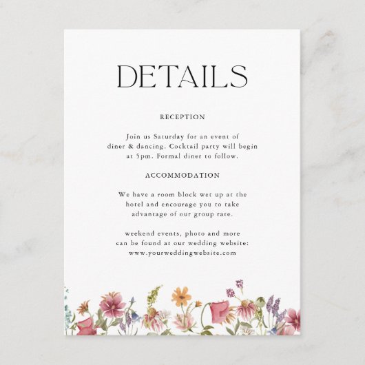 Wildblume Garden Wedding Details Begleitkarte (Vorderseite)