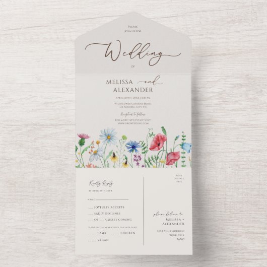Wildblume Garten Hochzeit Beige Siegel und senden All In One Einladung (Innen Boden)