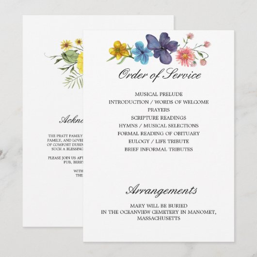 Wildblume-Gedenkprogramm Seiten 3 und 4 Einladung (Vorne/Hinten)