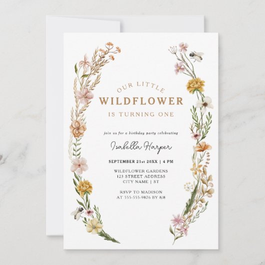 Wildblume Girl 1. Geburtstag Einladung (Vorderseite)