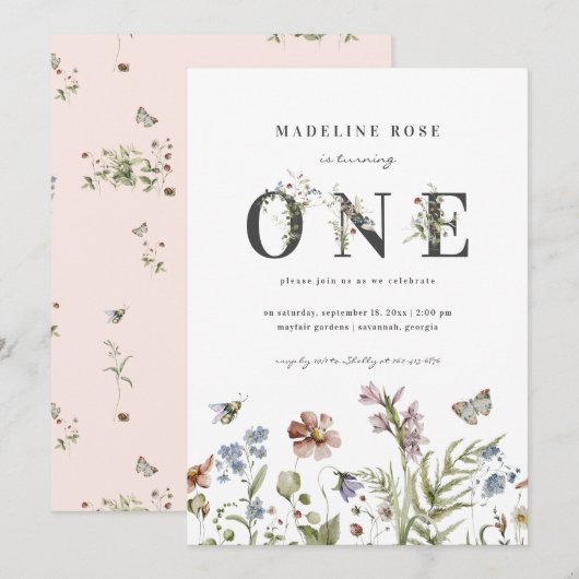Wildblume Girl 1. Geburtstag Einladung (Vorne/Hinten)