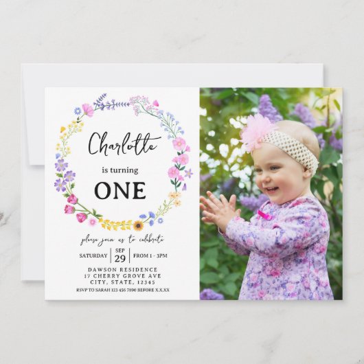 Wildblume Girl 1. Geburtstag Foto Einladung (Vorderseite)
