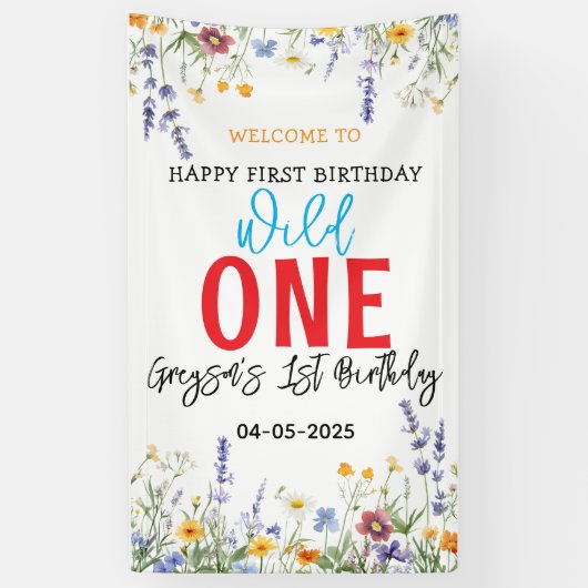 Wildblume Girl 1. Geburtstag Party Banner (Vertikal)