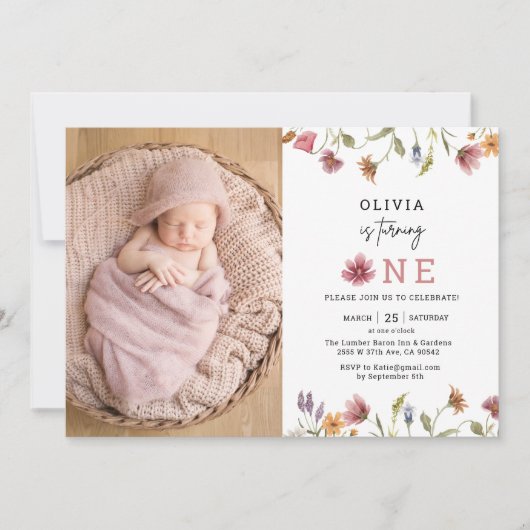 Wildblume Girl Erster Geburtstag Foto Einladung (Vorderseite)