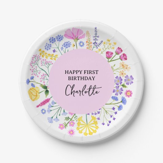 Wildblume Girls 1. Geburtstag Blumenreath Pappteller (Vorderseite)
